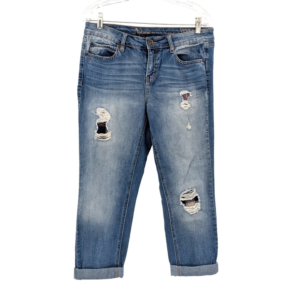 Vintage Plaid Patch‎ Distressed Boyfriend Jeans 6 Natural Reflections